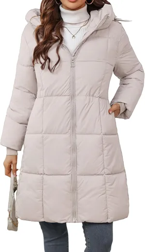 Canbebig Long Trench Coat for Women Quilted Puffer Jacket Zip Up Hooded Jacket Oversized Down Coat Winter Outwear with Pocket