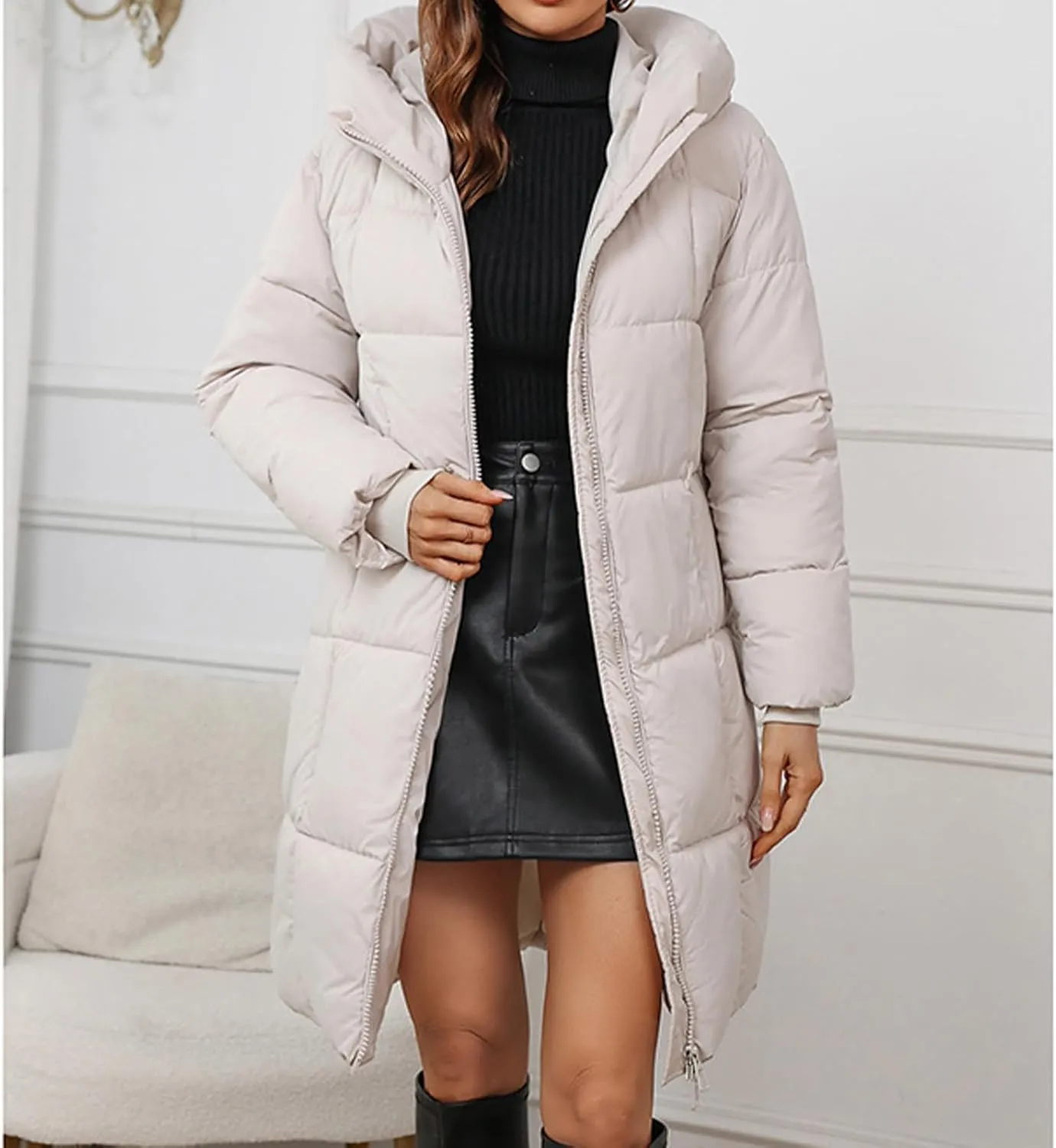 Canbebig Long Trench Coat for Women Quilted Puffer Jacket Zip Up Hooded Jacket Oversized Down Coat Winter Outwear with Pocket
