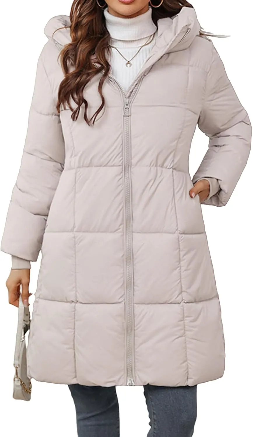 Canbebig Long Trench Coat for Women Quilted Puffer Jacket Zip Up Hooded Jacket Oversized Down Coat Winter Outwear with Pocket