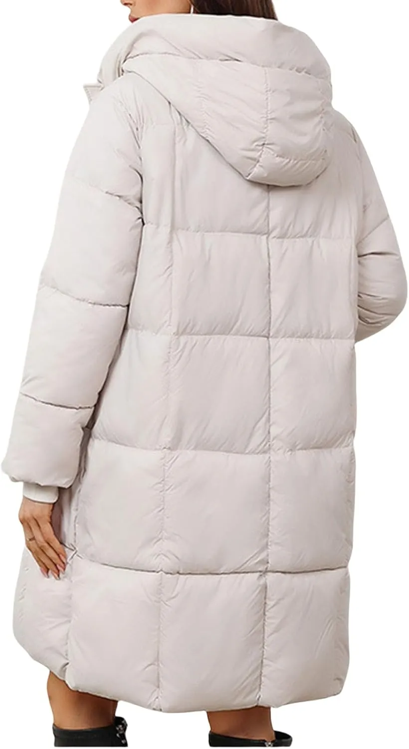 Canbebig Long Trench Coat for Women Quilted Puffer Jacket Zip Up Hooded Jacket Oversized Down Coat Winter Outwear with Pocket