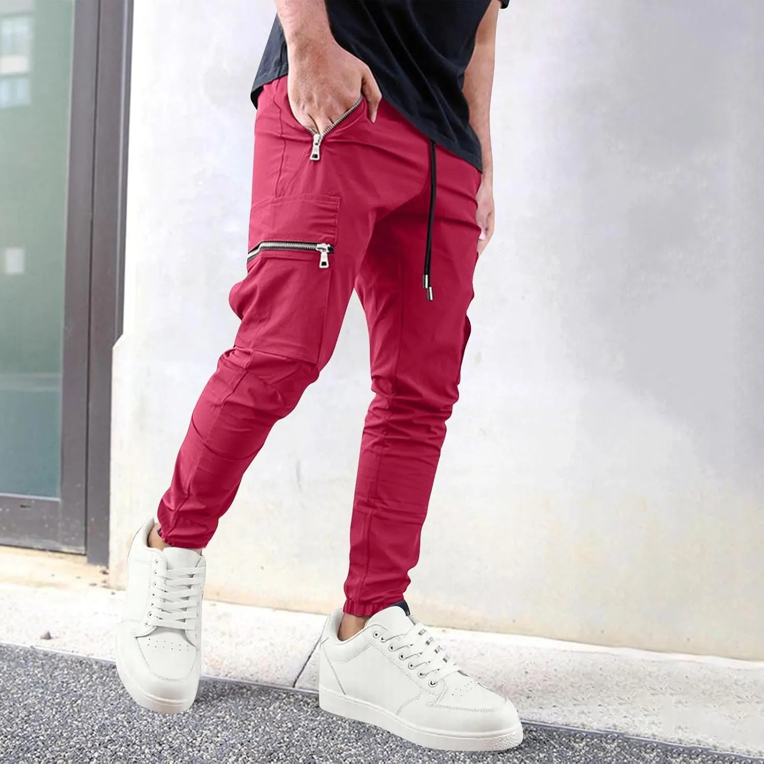 Cargo Pants Men Stretch Elastic Waist Outdoor Tactical Trousers Drawstring Joggers Pants with Zipper Pockets