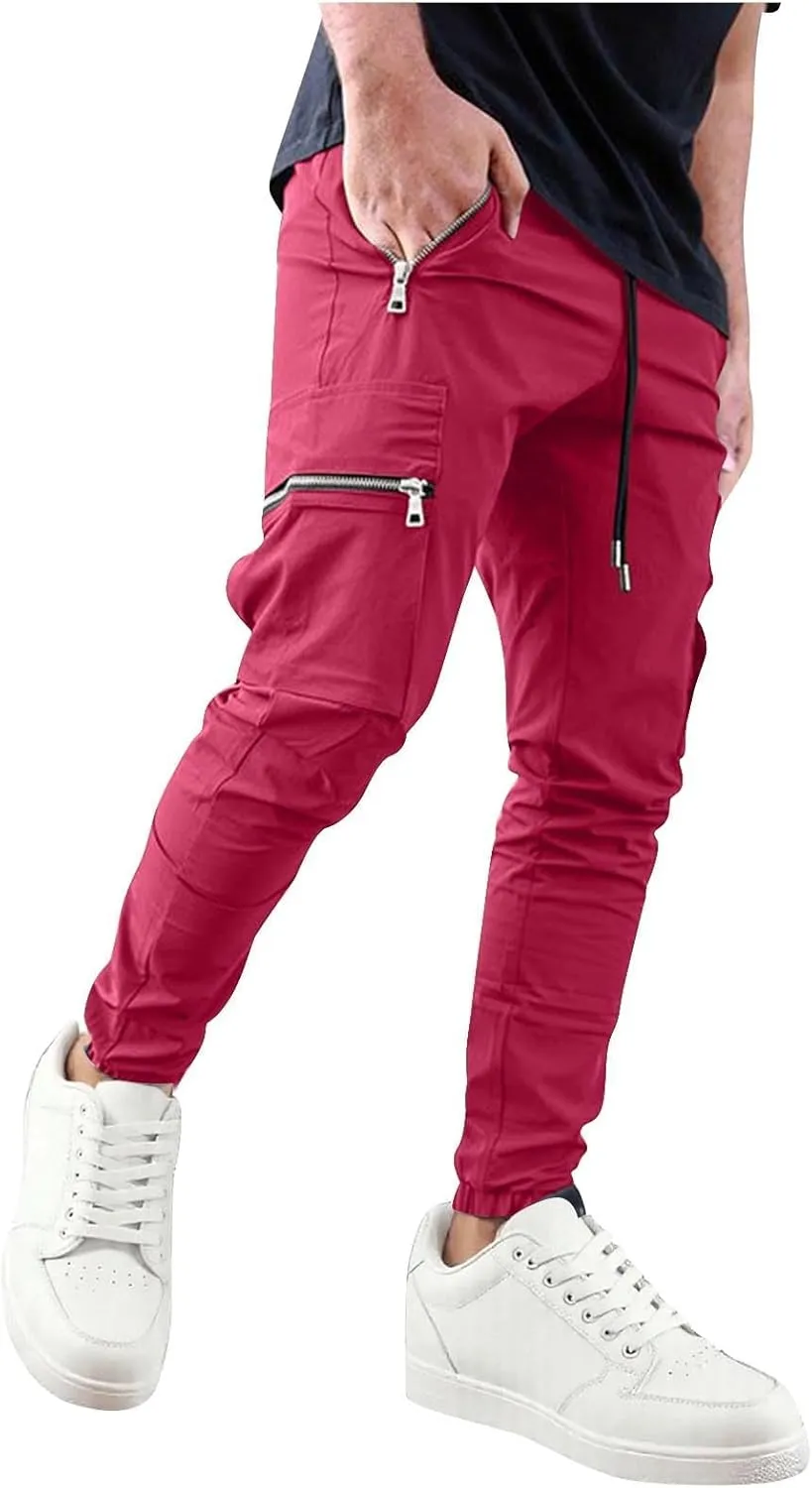 Cargo Pants Men Stretch Elastic Waist Outdoor Tactical Trousers Drawstring Joggers Pants with Zipper Pockets
