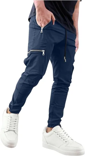 Cargo Pants Men Stretch Elastic Waist Outdoor Tactical Trousers Drawstring Joggers Pants with Zipper Pockets