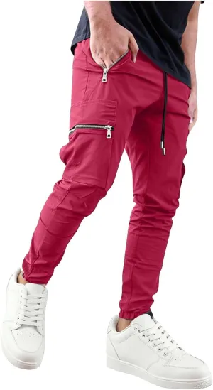 Cargo Pants Men Stretch Elastic Waist Outdoor Tactical Trousers Drawstring Joggers Pants with Zipper Pockets