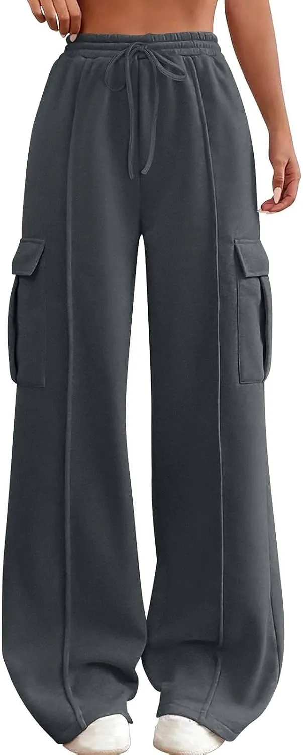 Cargo Sweatpants for Women Baggy Athletic Fleece Lined Joggers with Pockets Workout Wide Leg High Waisted Trousers