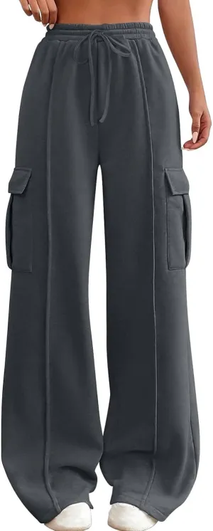 Cargo Sweatpants for Women Baggy Athletic Fleece Lined Joggers with Pockets Workout Wide Leg High Waisted Trousers