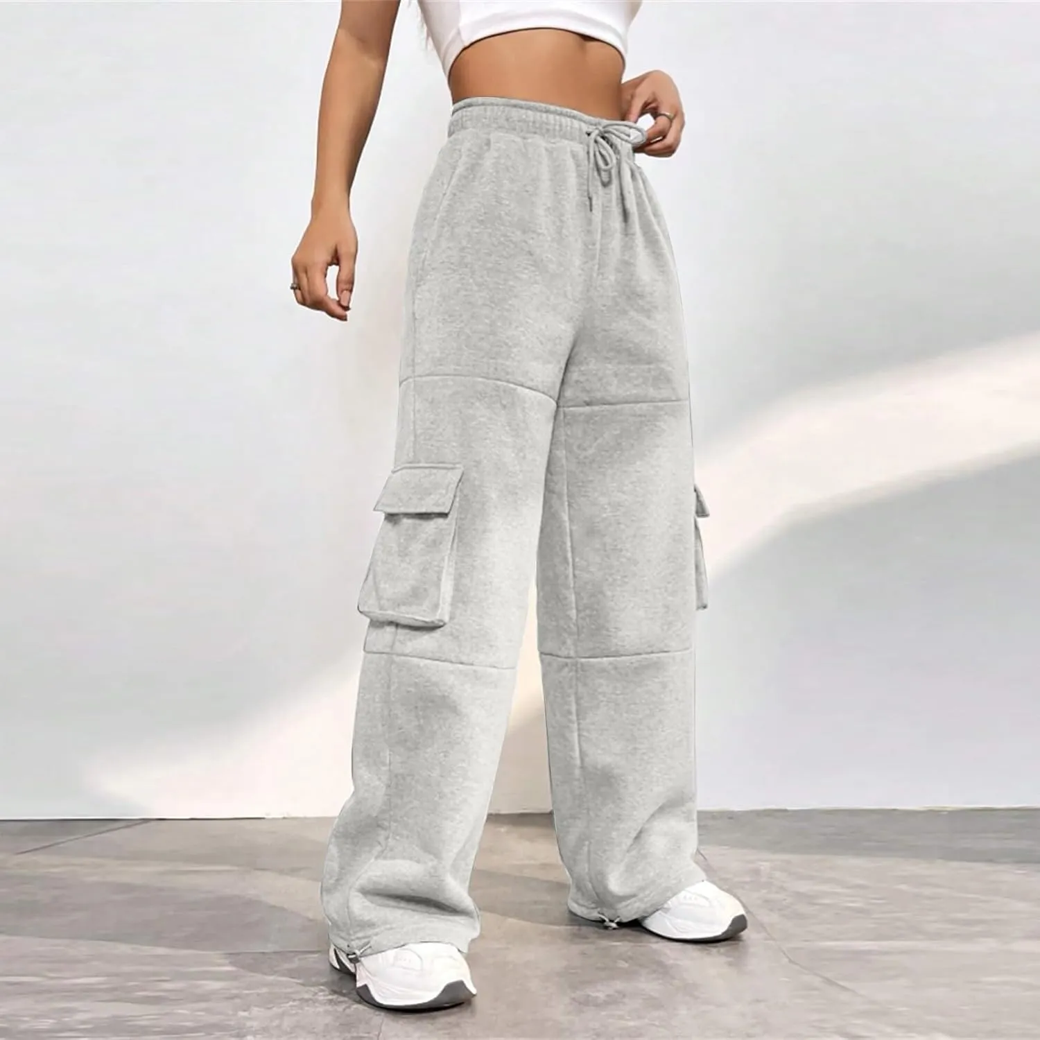 Cargo Sweatpants for Women Baggy Fleece Lined High Waisted Joggers with Pockets Adjustable Bottom Athletic Pants