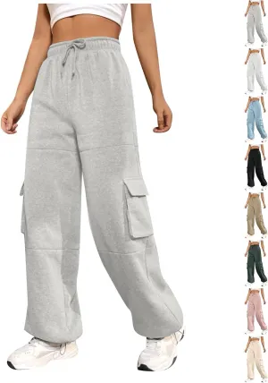 Cargo Sweatpants for Women Baggy Fleece Lined High Waisted Joggers with Pockets Adjustable Bottom Athletic Pants