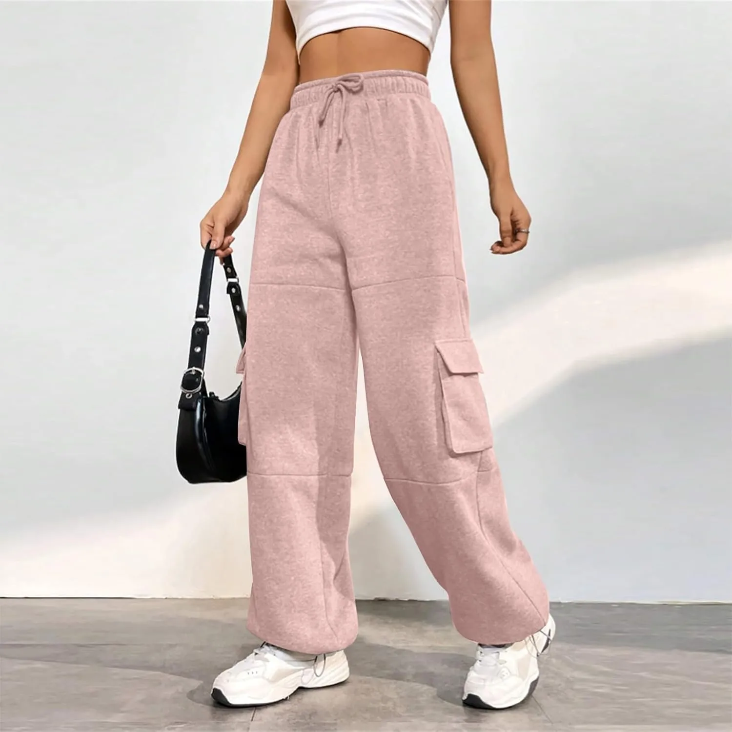 Cargo Sweatpants for Women Baggy Fleece Lined High Waisted Joggers with Pockets Adjustable Bottom Athletic Pants
