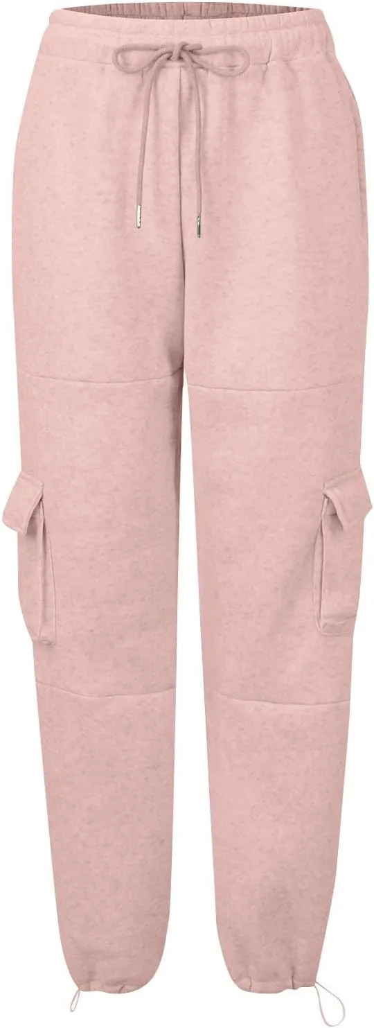 Cargo Sweatpants for Women Baggy Fleece Lined High Waisted Joggers with Pockets Adjustable Bottom Athletic Pants