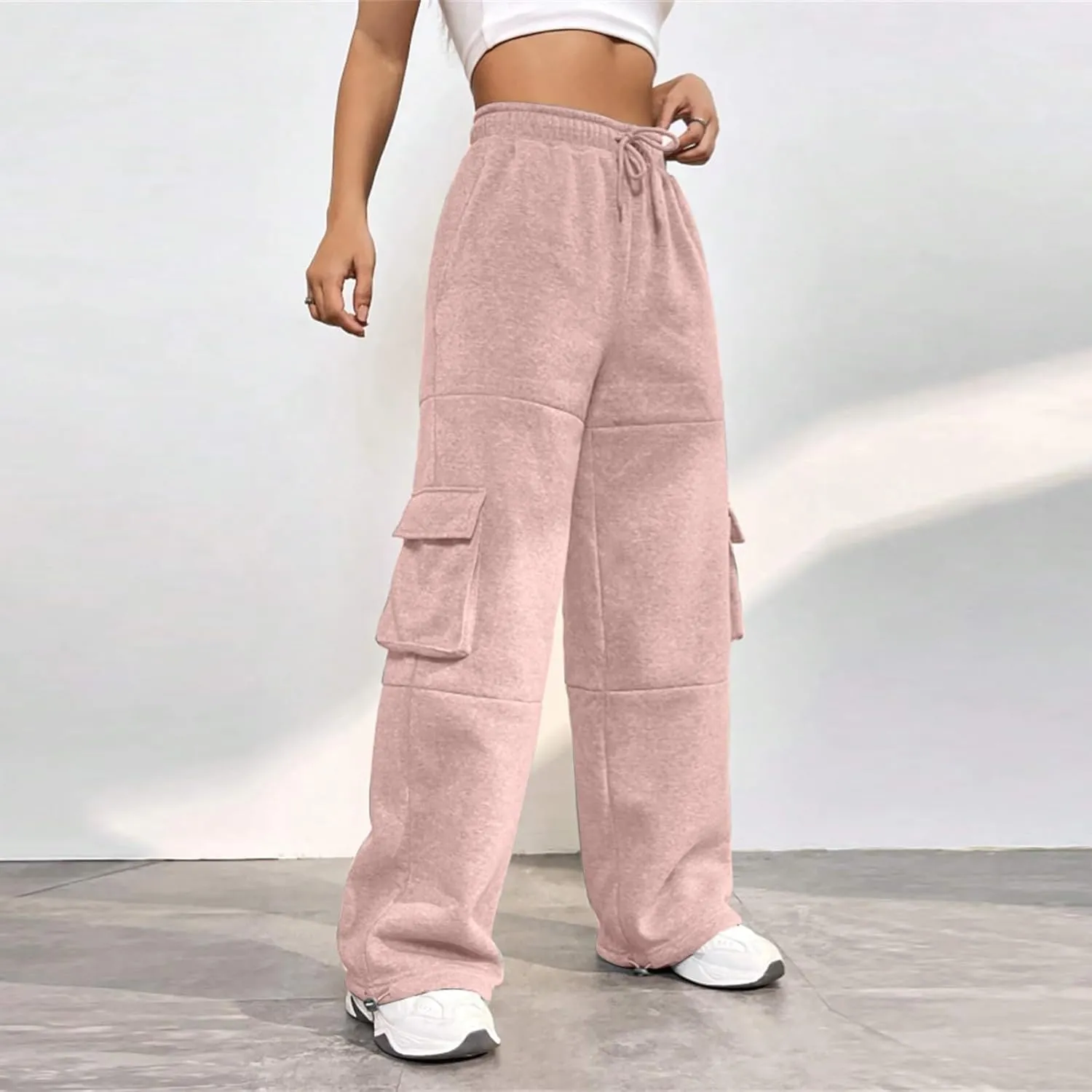 Cargo Sweatpants for Women Baggy Fleece Lined High Waisted Joggers with Pockets Adjustable Bottom Athletic Pants