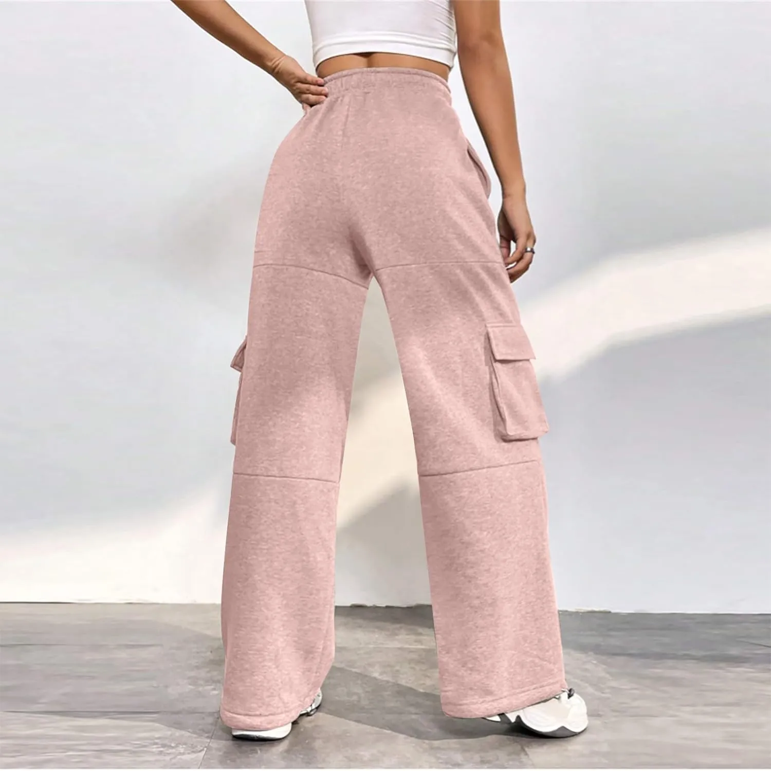 Cargo Sweatpants for Women Baggy Fleece Lined High Waisted Joggers with Pockets Adjustable Bottom Athletic Pants