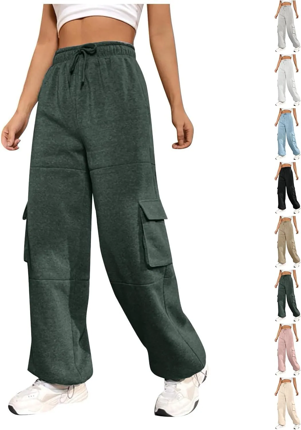 Cargo Sweatpants for Women Baggy Fleece Lined High Waisted Joggers with Pockets Adjustable Bottom Athletic Pants