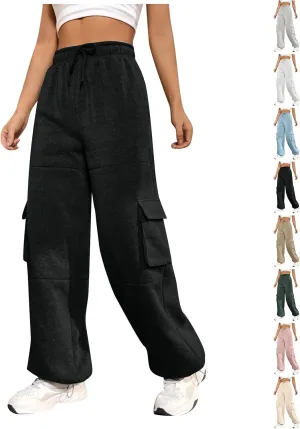 Cargo Sweatpants for Women Baggy Fleece Lined High Waisted Joggers with Pockets Adjustable Bottom Athletic Pants