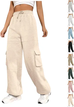 Cargo Sweatpants for Women Baggy Fleece Lined High Waisted Joggers with Pockets Adjustable Bottom Athletic Pants
