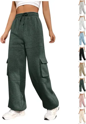 Cargo Sweatpants for Women Baggy Fleece Lined High Waisted Joggers with Pockets Adjustable Bottom Athletic Pants