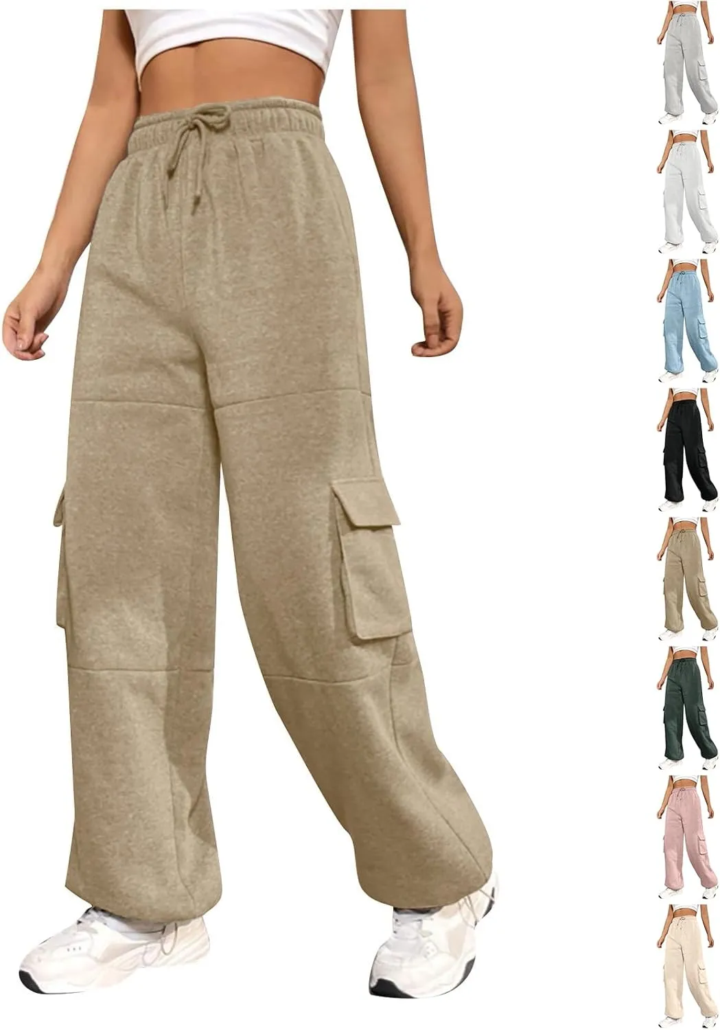 Cargo Sweatpants for Women Baggy Fleece Lined High Waisted Joggers with Pockets Adjustable Bottom Athletic Pants