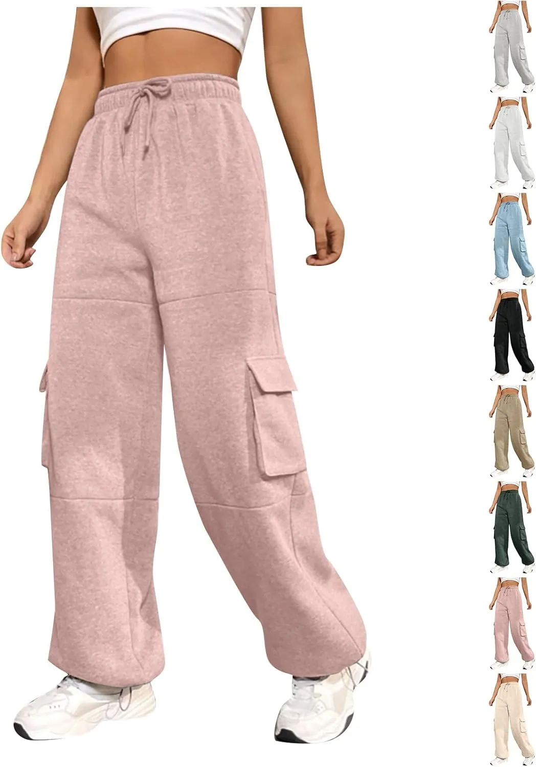 Cargo Sweatpants for Women Baggy Fleece Lined High Waisted Joggers with Pockets Adjustable Bottom Athletic Pants