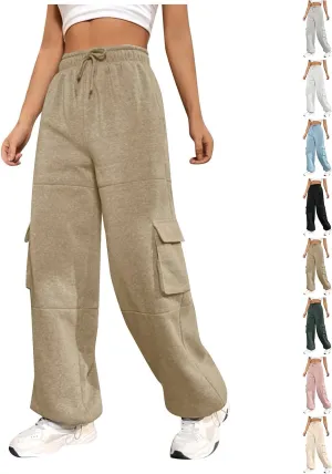 Cargo Sweatpants for Women Baggy Fleece Lined High Waisted Joggers with Pockets Adjustable Bottom Athletic Pants