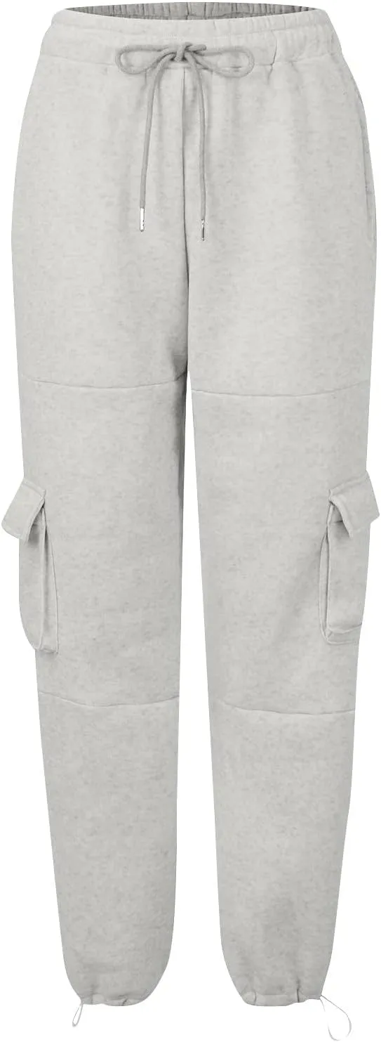 Cargo Sweatpants for Women Baggy Fleece Lined High Waisted Joggers with Pockets Adjustable Bottom Athletic Pants