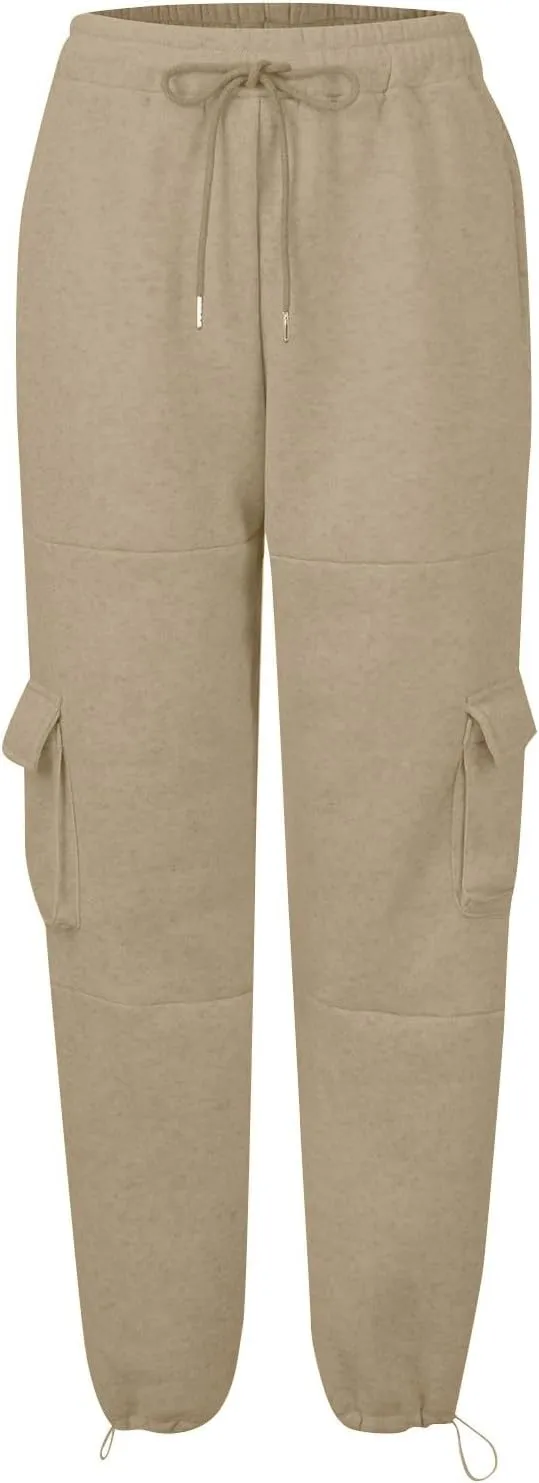 Cargo Sweatpants for Women Baggy Fleece Lined High Waisted Joggers with Pockets Adjustable Bottom Athletic Pants