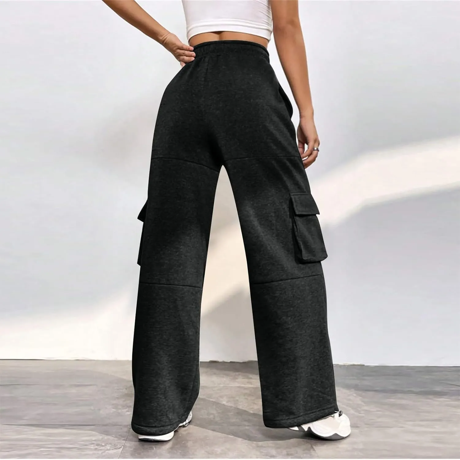 Cargo Sweatpants for Women Baggy Fleece Lined High Waisted Joggers with Pockets Adjustable Bottom Athletic Pants