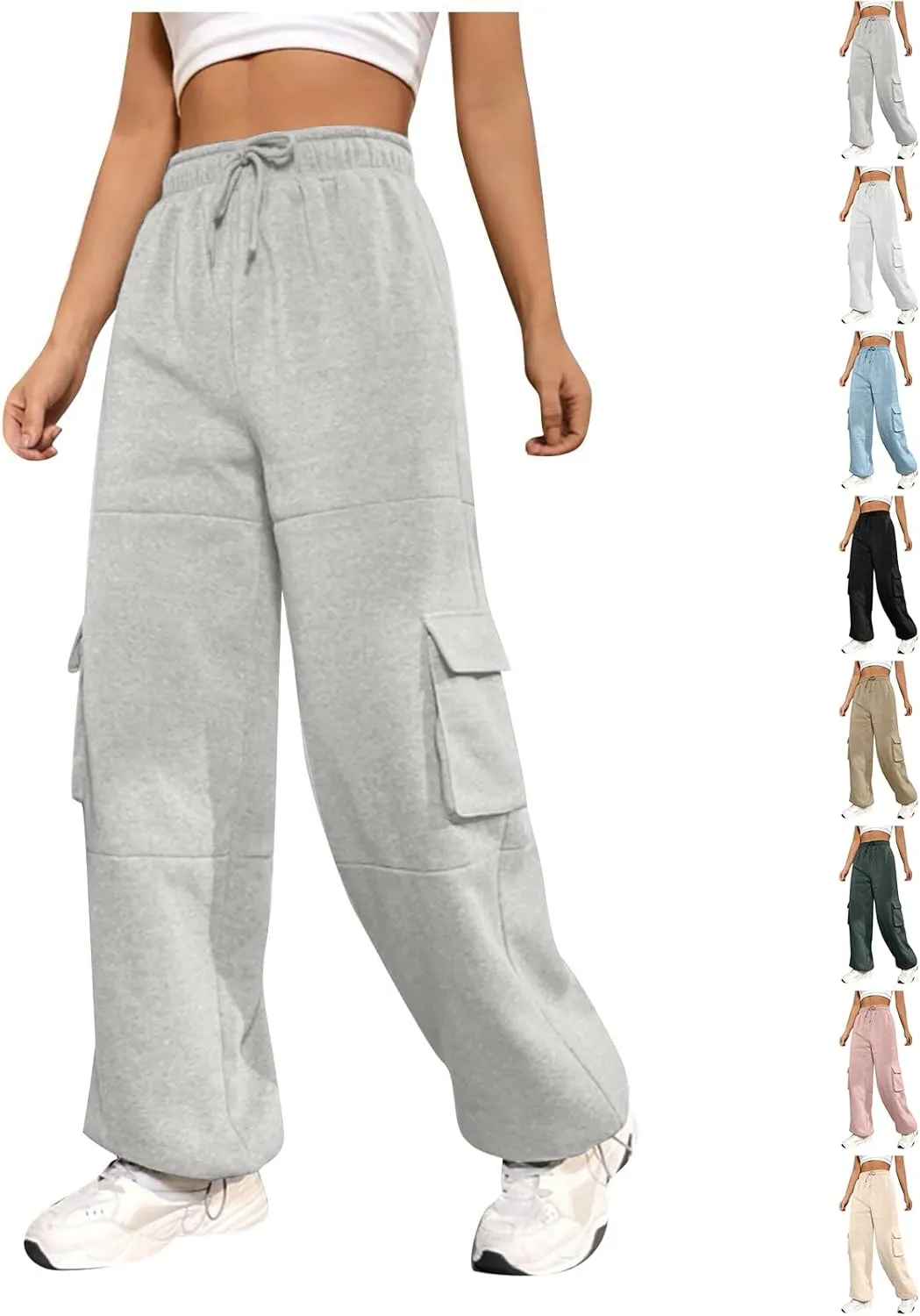 Cargo Sweatpants for Women Baggy Fleece Lined High Waisted Joggers with Pockets Adjustable Bottom Athletic Pants
