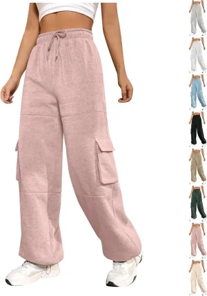 Cargo Sweatpants for Women Baggy Fleece Lined High Waisted Joggers with Pockets Adjustable Bottom Athletic Pants