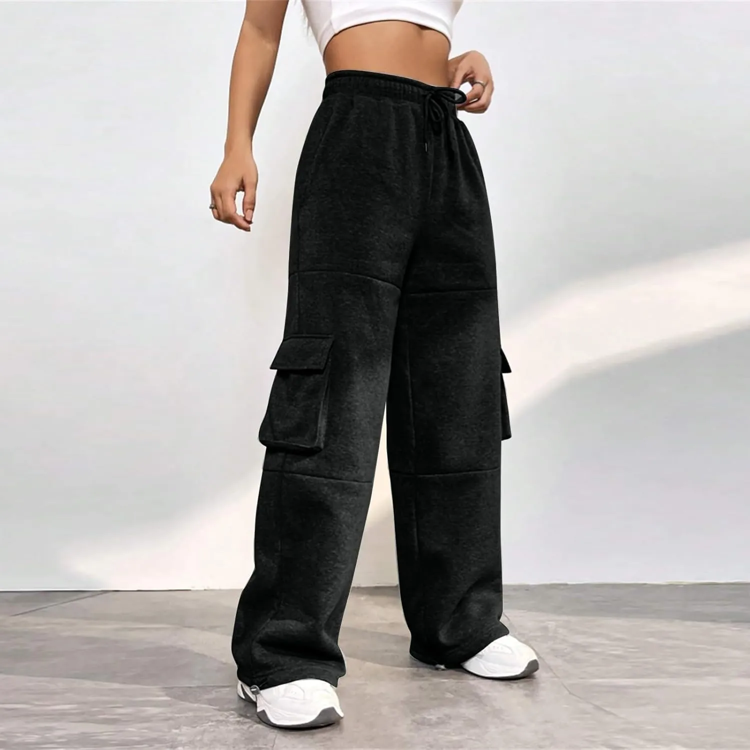 Cargo Sweatpants for Women Baggy Fleece Lined High Waisted Joggers with Pockets Adjustable Bottom Athletic Pants