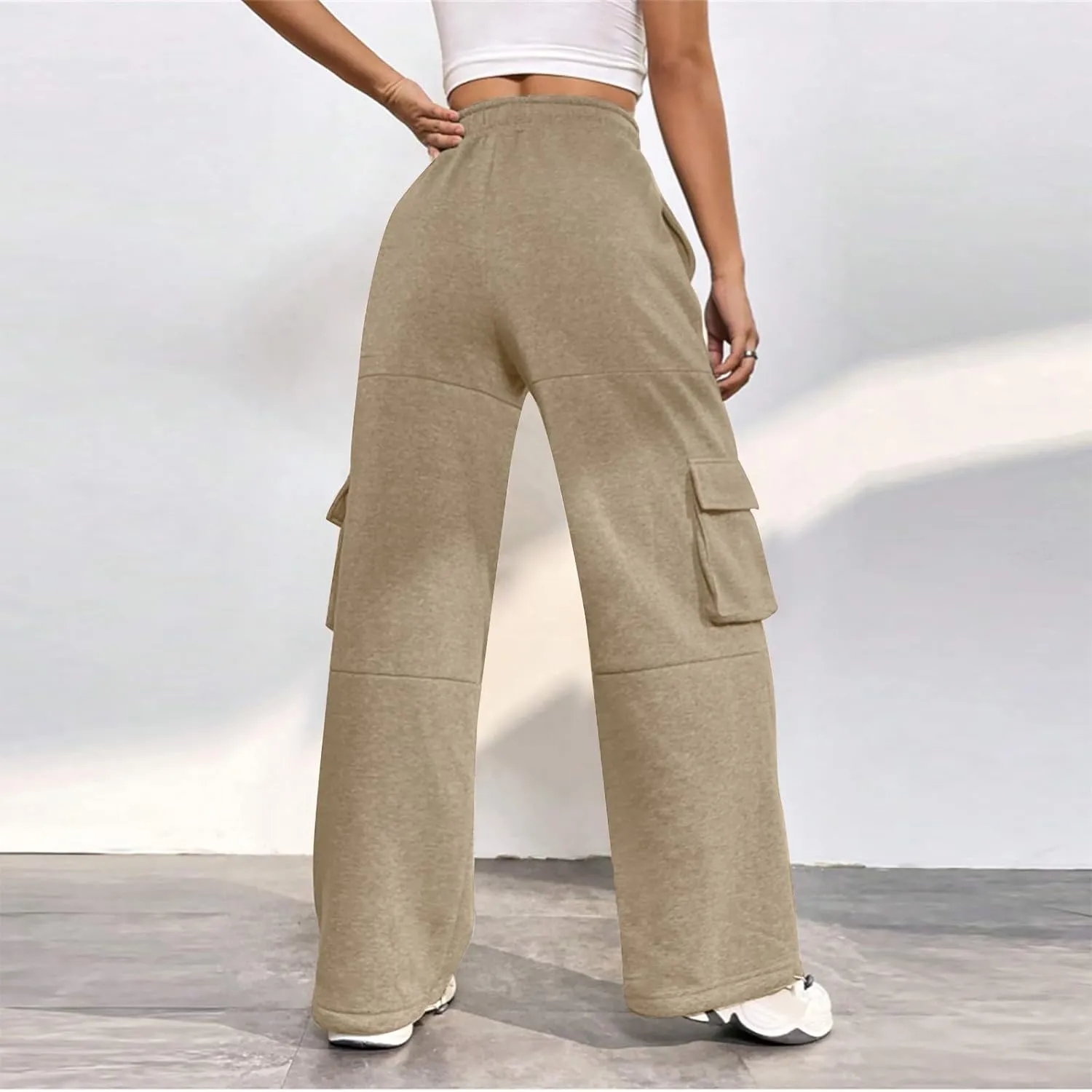 Cargo Sweatpants for Women Baggy Fleece Lined High Waisted Joggers with Pockets Adjustable Bottom Athletic Pants