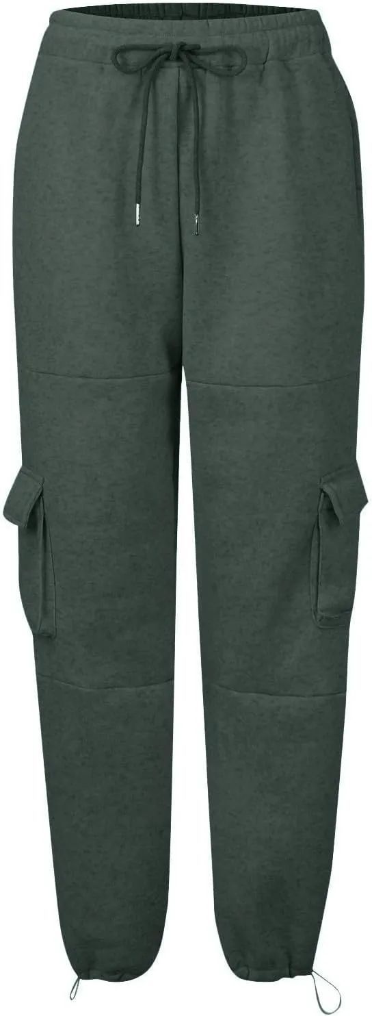 Cargo Sweatpants for Women Baggy Fleece Lined High Waisted Joggers with Pockets Adjustable Bottom Athletic Pants