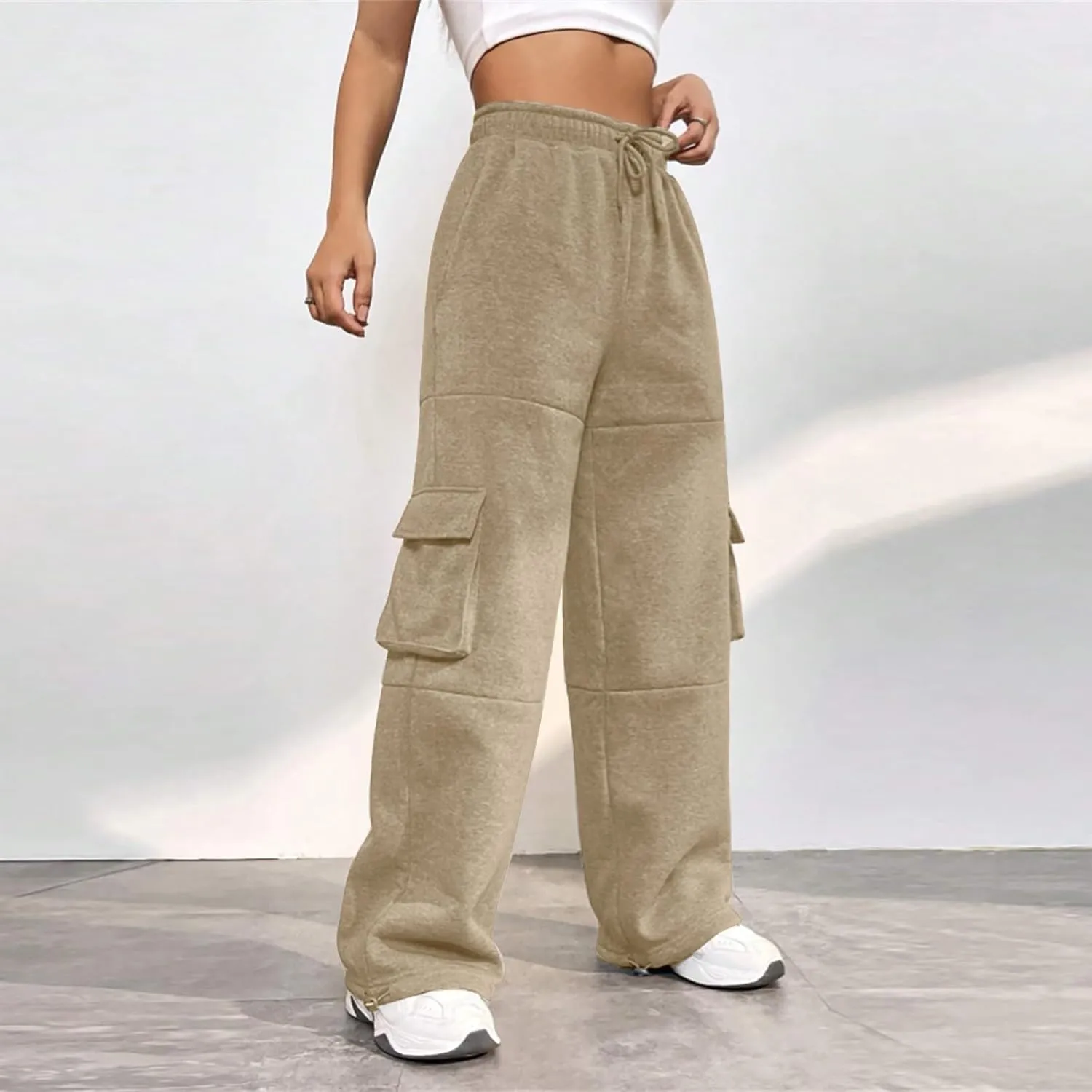 Cargo Sweatpants for Women Baggy Fleece Lined High Waisted Joggers with Pockets Adjustable Bottom Athletic Pants