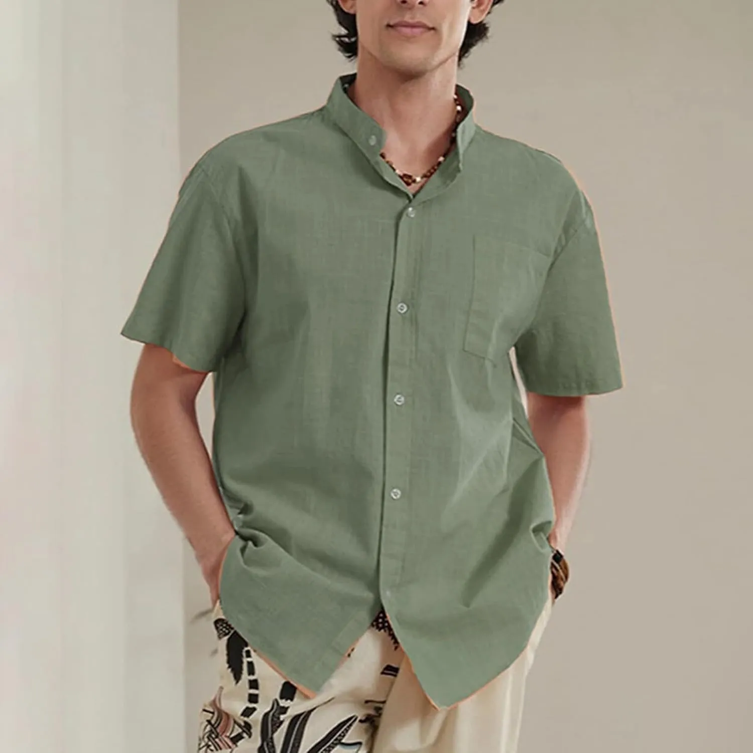 Casual Button Down Shirts for Men Banded Collar Short Sleeve T Shirt Regular Fit Summer Cuban Beach Tops with Pocket