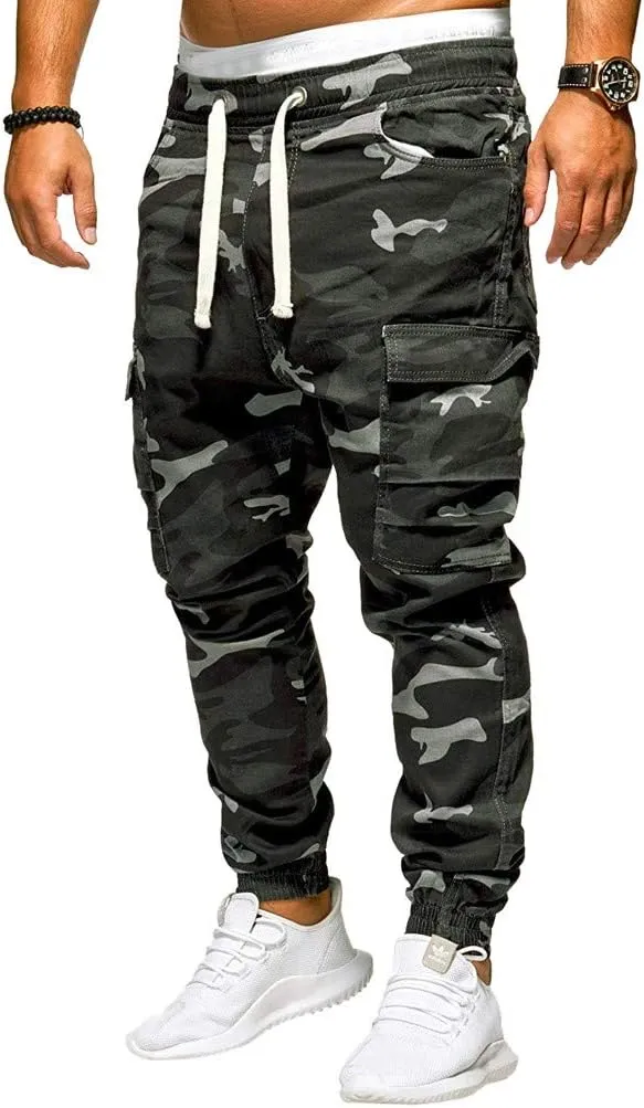 Casual Camo Joggers for Men Flap Pockets Cargo Sweatpant Lightweight Hiking Outdoor Drawstring Twill Ridge Tapered Streetwear