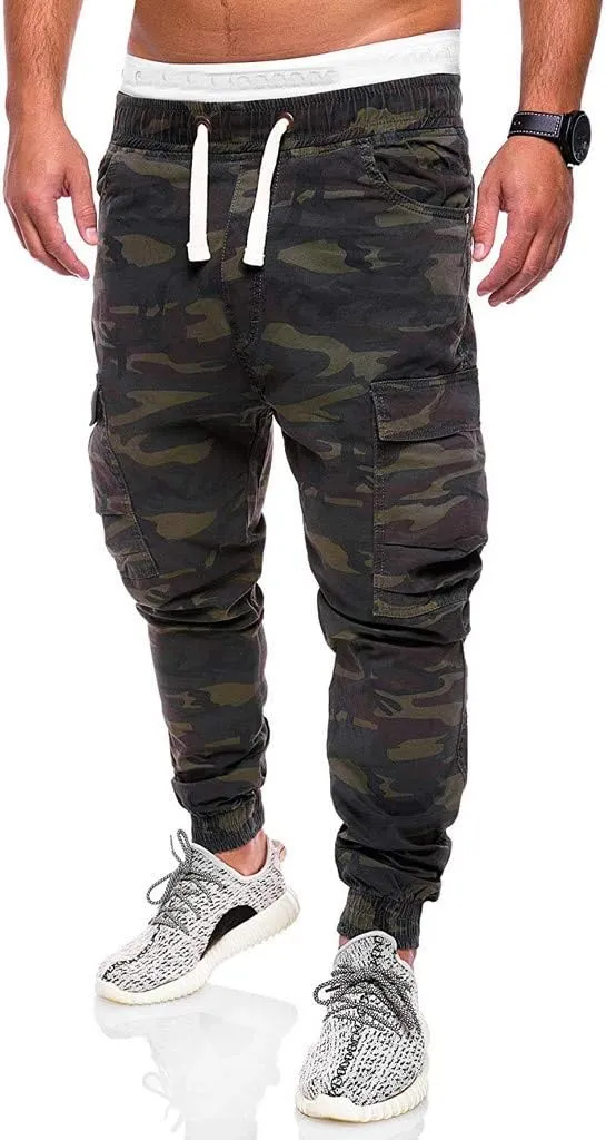 Casual Camo Joggers for Men Flap Pockets Cargo Sweatpant Lightweight Hiking Outdoor Drawstring Twill Ridge Tapered Streetwear