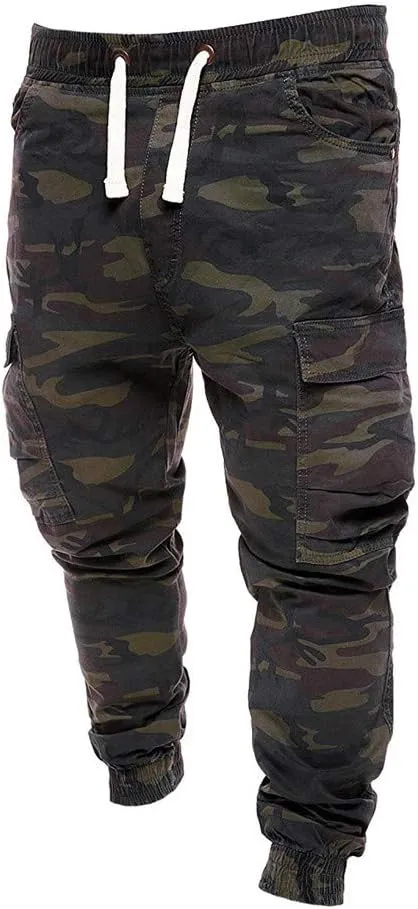 Casual Camo Joggers for Men Flap Pockets Cargo Sweatpant Lightweight Hiking Outdoor Drawstring Twill Ridge Tapered Streetwear