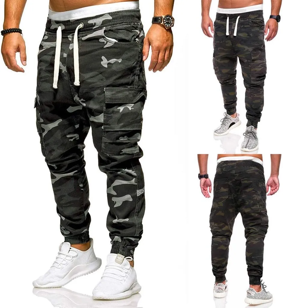 Casual Camo Joggers for Men Flap Pockets Cargo Sweatpant Lightweight Hiking Outdoor Drawstring Twill Ridge Tapered Streetwear