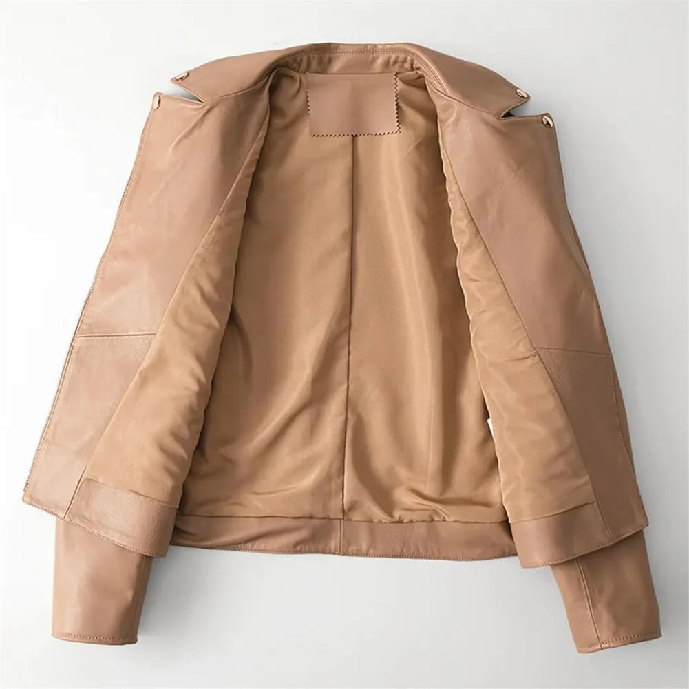 Casual Leather Jackets for Women Diagonal Zipper Motorcycle Style Notched Lapel Short Jackets