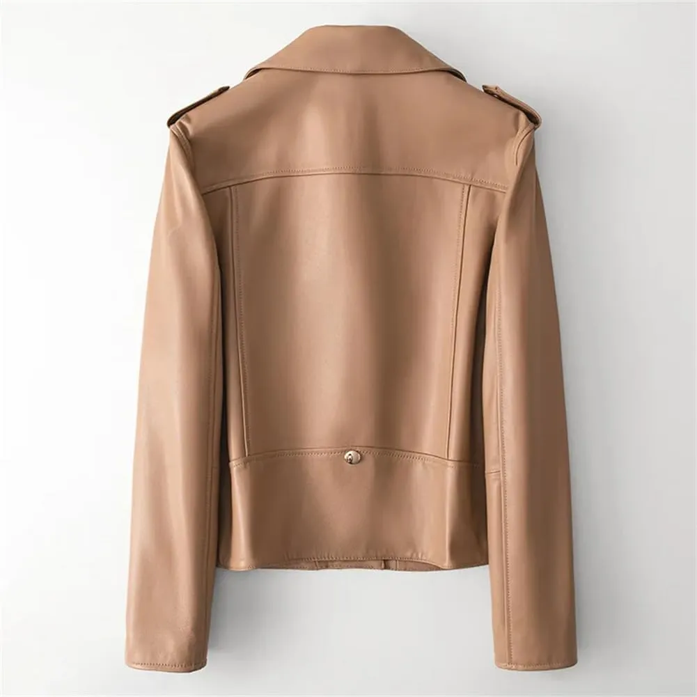 Casual Leather Jackets for Women Diagonal Zipper Motorcycle Style Notched Lapel Short Jackets