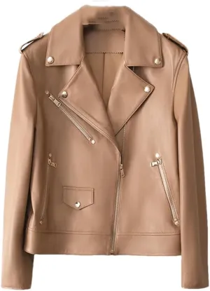 Casual Leather Jackets for Women Diagonal Zipper Motorcycle Style Notched Lapel Short Jackets