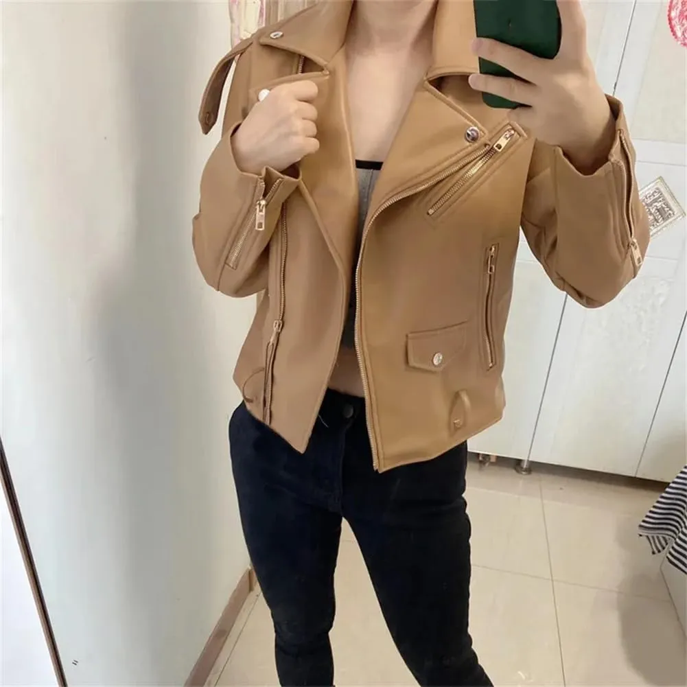 Casual Leather Jackets for Women Diagonal Zipper Motorcycle Style Notched Lapel Short Jackets