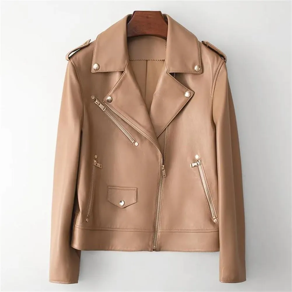 Casual Leather Jackets for Women Diagonal Zipper Motorcycle Style Notched Lapel Short Jackets