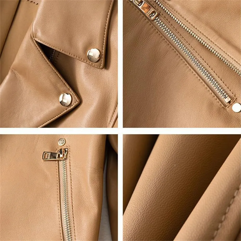 Casual Leather Jackets for Women Diagonal Zipper Motorcycle Style Notched Lapel Short Jackets