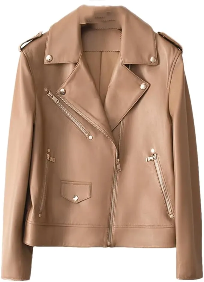 Casual Leather Jackets for Women Diagonal Zipper Motorcycle Style Notched Lapel Short Jackets