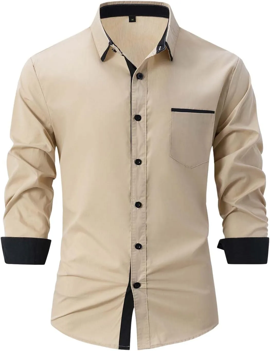 Casual Long Sleeve Stretch Dress Shirt for Men Wrinkle-Free Regular Fit Button Down Shirts Contrast Inner Collar Business Top
