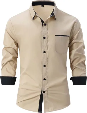 Casual Long Sleeve Stretch Dress Shirt for Men Wrinkle-Free Regular Fit Button Down Shirts Contrast Inner Collar Business Top