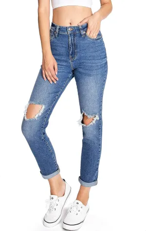 Celebrity Pink Women's Juniors High Waisted Distressed Mom Jeans