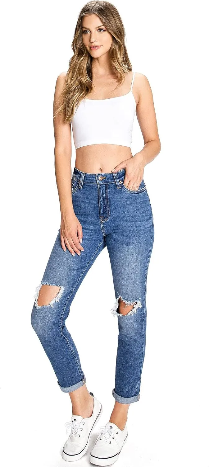Celebrity Pink Women's Juniors High Waisted Distressed Mom Jeans