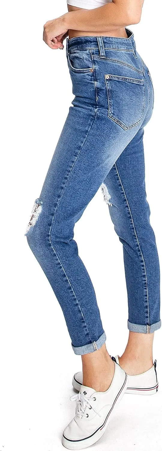 Celebrity Pink Women's Juniors High Waisted Distressed Mom Jeans