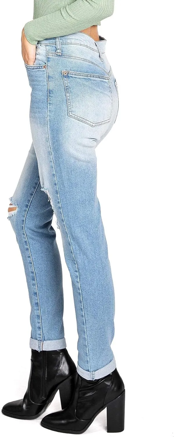 Celebrity Pink Women's Juniors High Waisted Distressed Mom Jeans